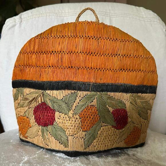 Raffia/Straw Tea Cozy raffia straw cottage Primitive Lined berry 10x8” - Picture 13 of 16